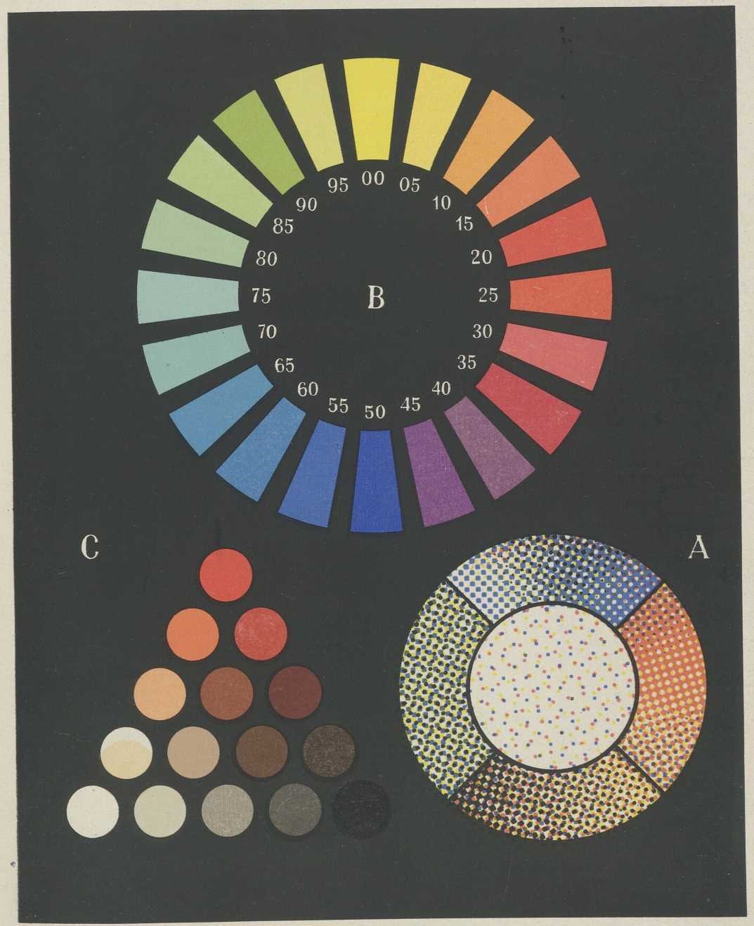 A. Mikroskopske snimke trobojnog tiska — B. Ostwaldov krug čistih boja (skraćen). —<br />C. Ostwaldov izohromni trokut za boju br. 23 (skraćen)